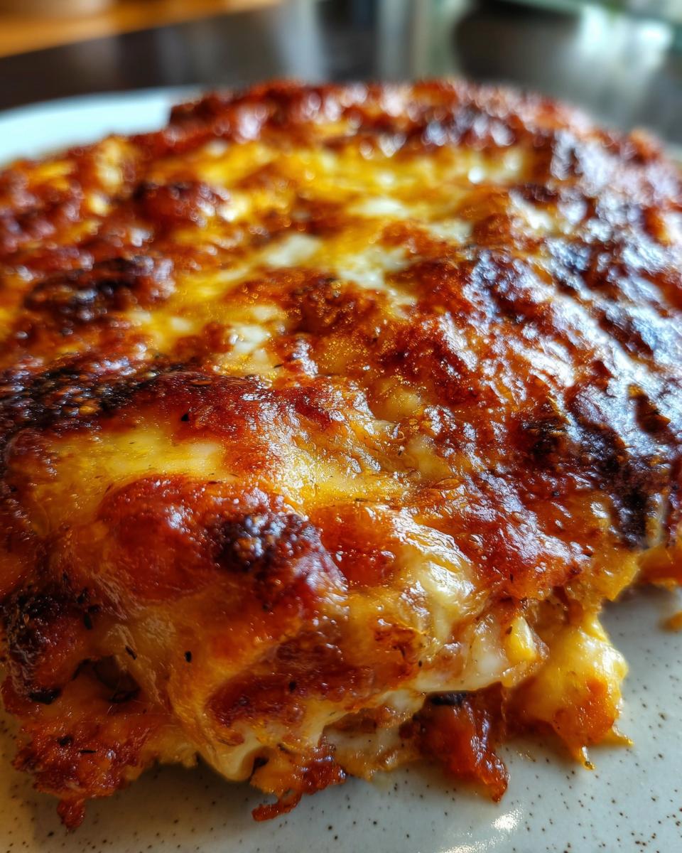 A close-up shot of The Best Ever Easy Baked Chicken Parmesan, showcasing the melted cheese and crispy edges.