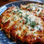 Close-up of baked chicken parmesan topped with melted cheese and parsley, ready to eat.