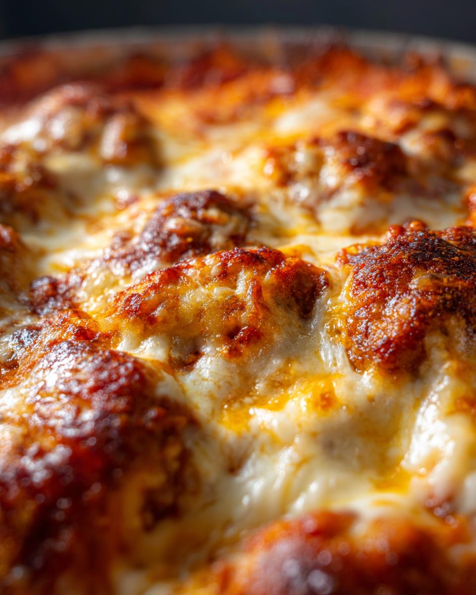 A close-up of The Best Ever Easy Baked Chicken Parmesan, showing the melted cheese and golden-brown crust.