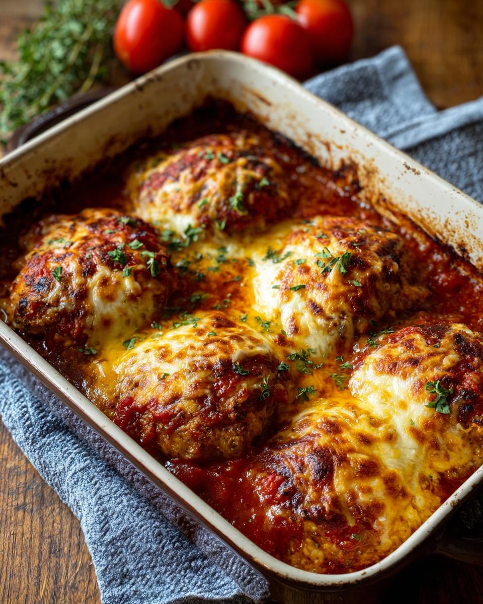 A baking dish filled with The Best Ever Easy Baked Chicken Parmesan, topped with melted cheese and tomato sauce.