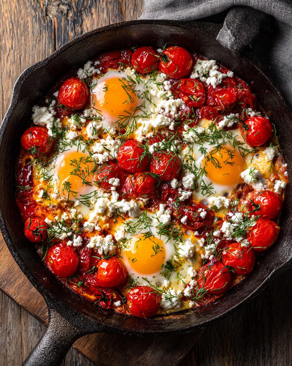 Overhead view of Baked Eggs Tomatoes Feta Cheese in a cast iron skillet, garnished with dill.