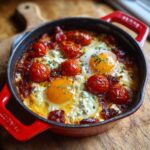 Close-up of Baked Eggs Tomatoes Feta Cheese in a red cast iron pan, garnished with herbs.