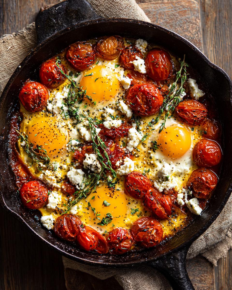 Overhead shot of Baked Eggs Tomatoes Feta Cheese in a cast iron pan, garnished with herbs.