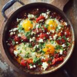 Overhead view of Baked Eggs Tomatoes Feta Cheese in a skillet, garnished with fresh herbs.