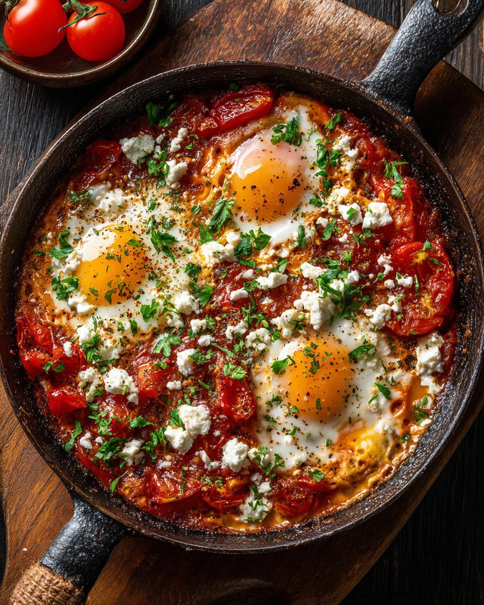 Overhead shot of Baked Eggs Tomatoes Feta Cheese in a cast iron pan, garnished with fresh herbs.