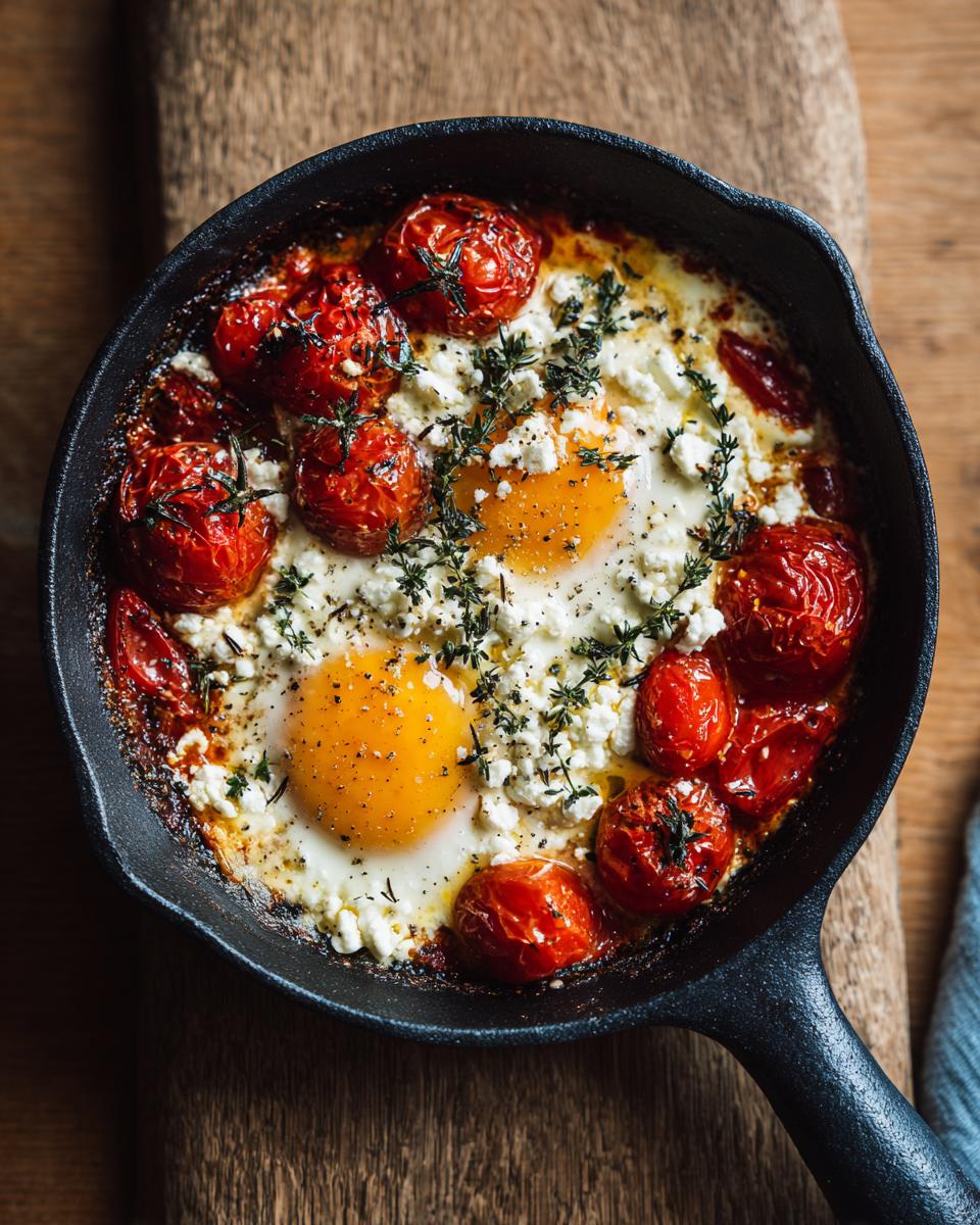 Overhead shot of baked eggs tomatoes feta cheese in a cast iron pan, garnished with fresh herbs.
