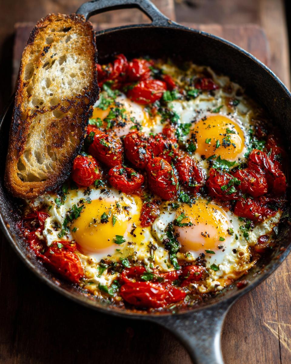 Close-up of Baked Eggs Tomatoes Feta Cheese in a cast iron pan, garnished with herbs and served with toasted bread.