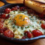 Baked Eggs Tomatoes Feta Cheese in a cast iron skillet, garnished with herbs and served with toasted bread.