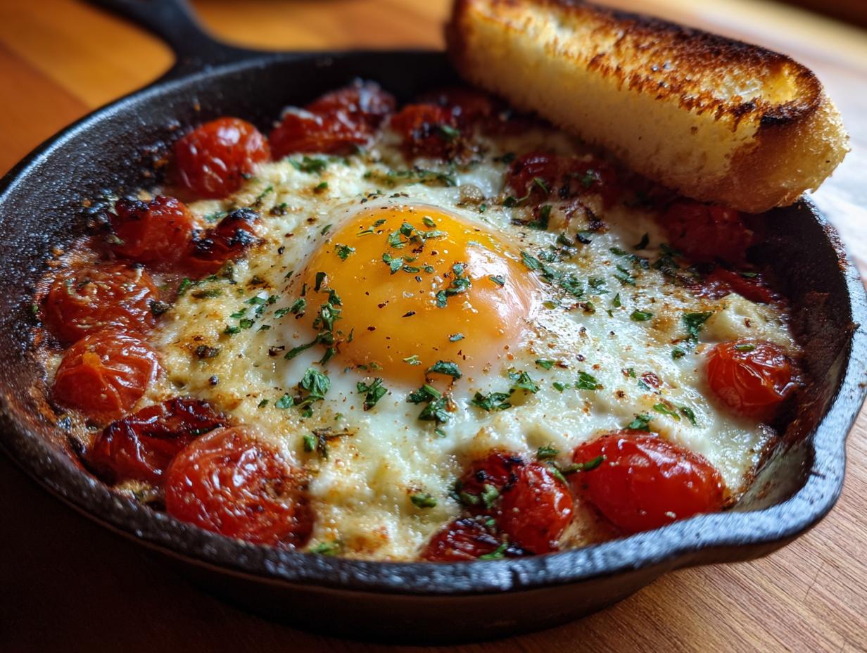 Baked Eggs Tomatoes Feta Cheese in a cast iron skillet, garnished with herbs and served with toasted bread.