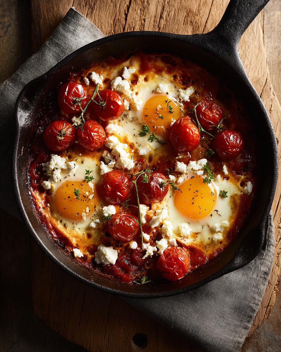 Overhead shot of Baked Eggs Tomatoes Feta Cheese in a cast iron skillet on a wooden board.