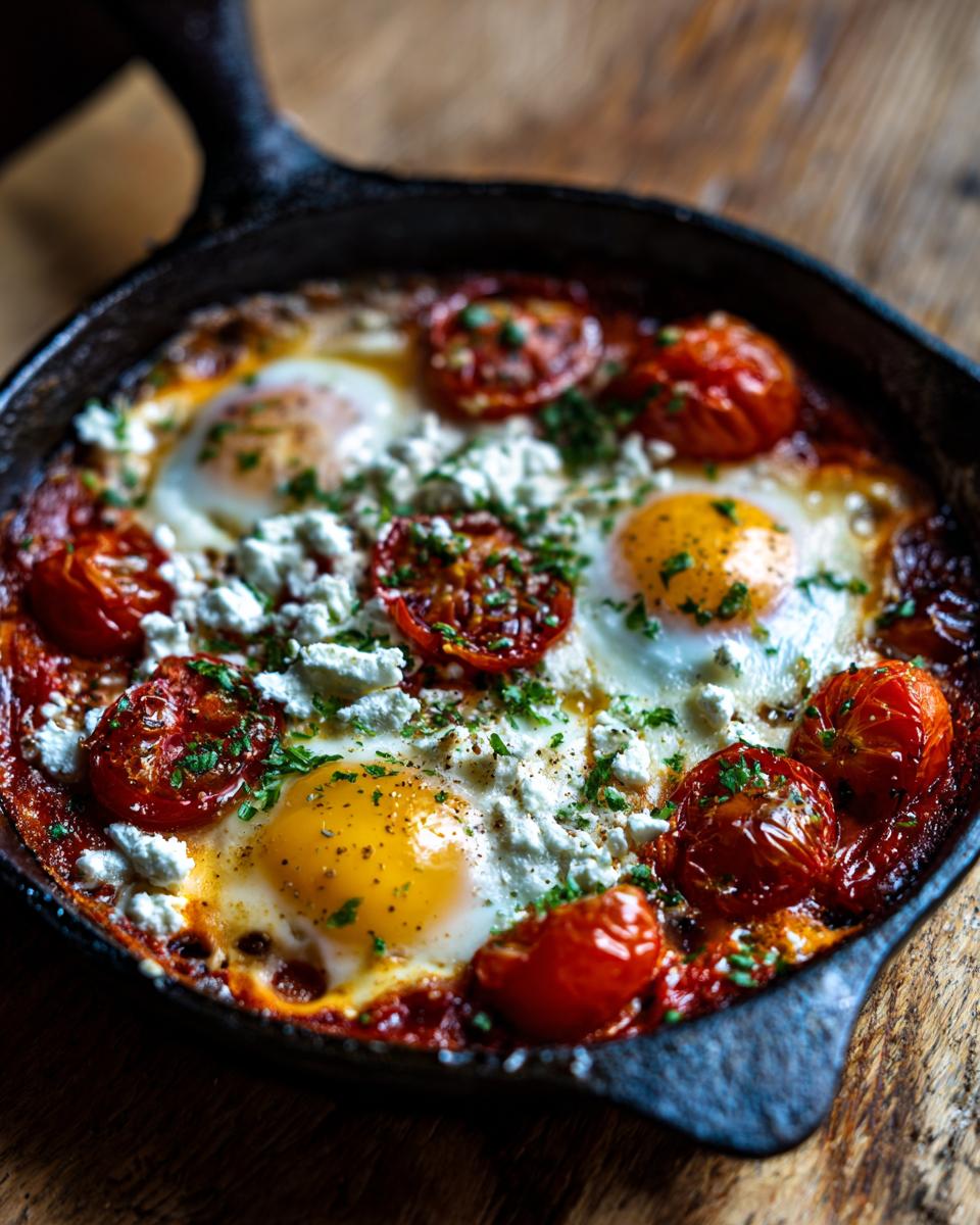 Close-up of Baked Eggs Tomatoes Feta Cheese in a cast iron skillet, garnished with herbs.