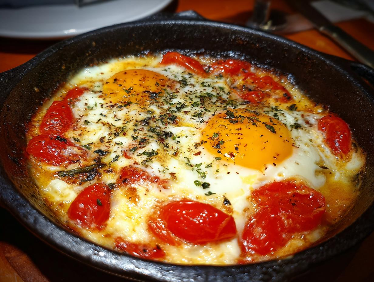Close-up of Baked Eggs Tomatoes Feta Cheese in a cast iron skillet, garnished with herbs.