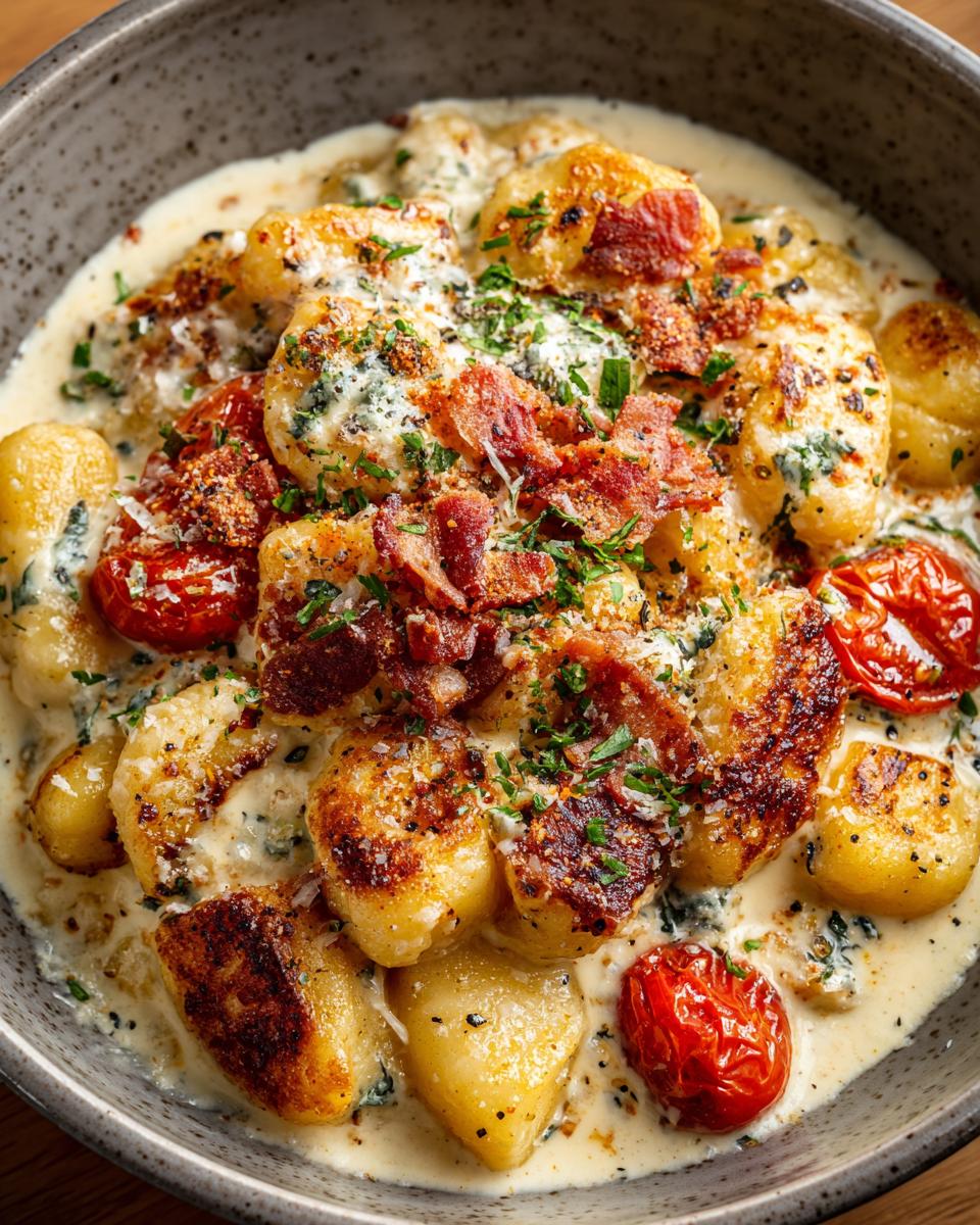 Close-up of Baked Feta Gnocchi Creamy Comforting Totally Irresistible, with tomatoes and bacon in a bowl.