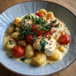 A plate of Baked Feta Gnocchi Creamy Comforting Totally Irresistible, with feta, gnocchi, tomatoes, and herbs in a creamy sauce.