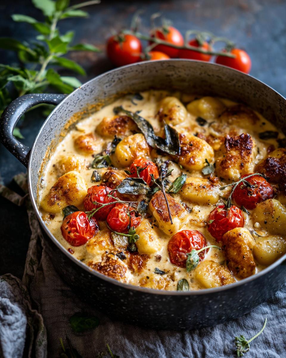 A pan of Baked Feta Gnocchi Creamy Comforting Totally Irresistible, with tomatoes and herbs.