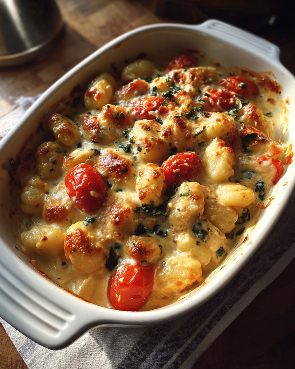 Overhead view of Baked Feta Gnocchi Creamy Comforting dish with tomatoes and herbs in a white baking dish.