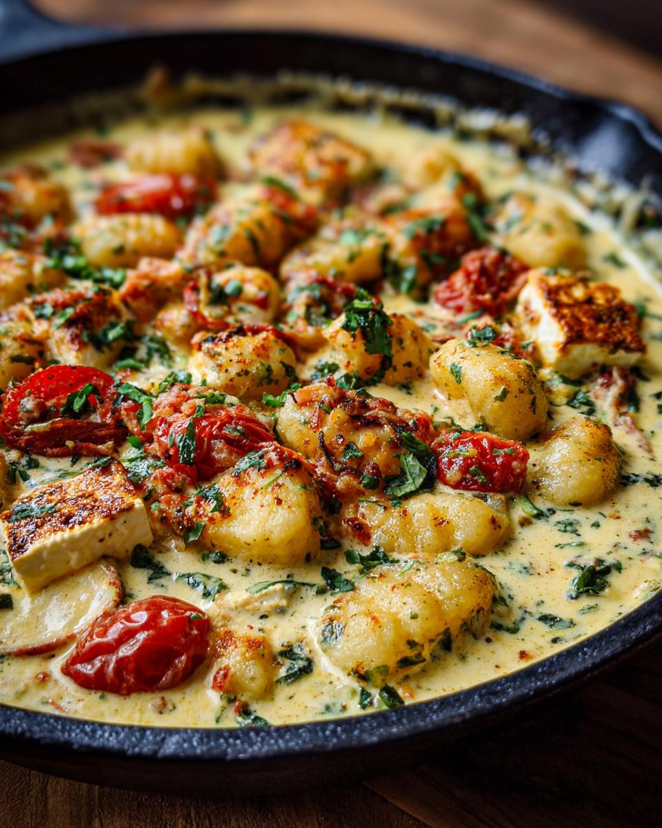 A skillet filled with Baked Feta Gnocchi Creamy Comforting dish, featuring gnocchi, feta, tomatoes, and spinach in a creamy sauce.