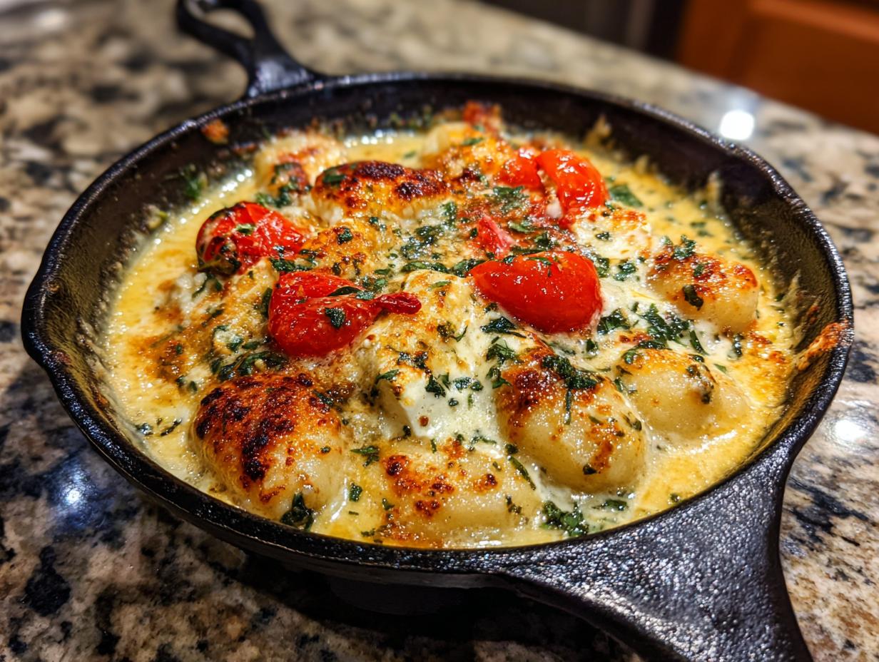Close-up of Baked Feta Gnocchi Creamy Comforting Totally Irresistible in a cast iron skillet with tomatoes and herbs.