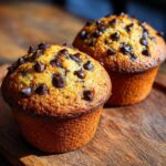 Two bakery-style chocolate chip muffins sit on a rustic wooden surface, showcasing their golden tops and melted chocolate.