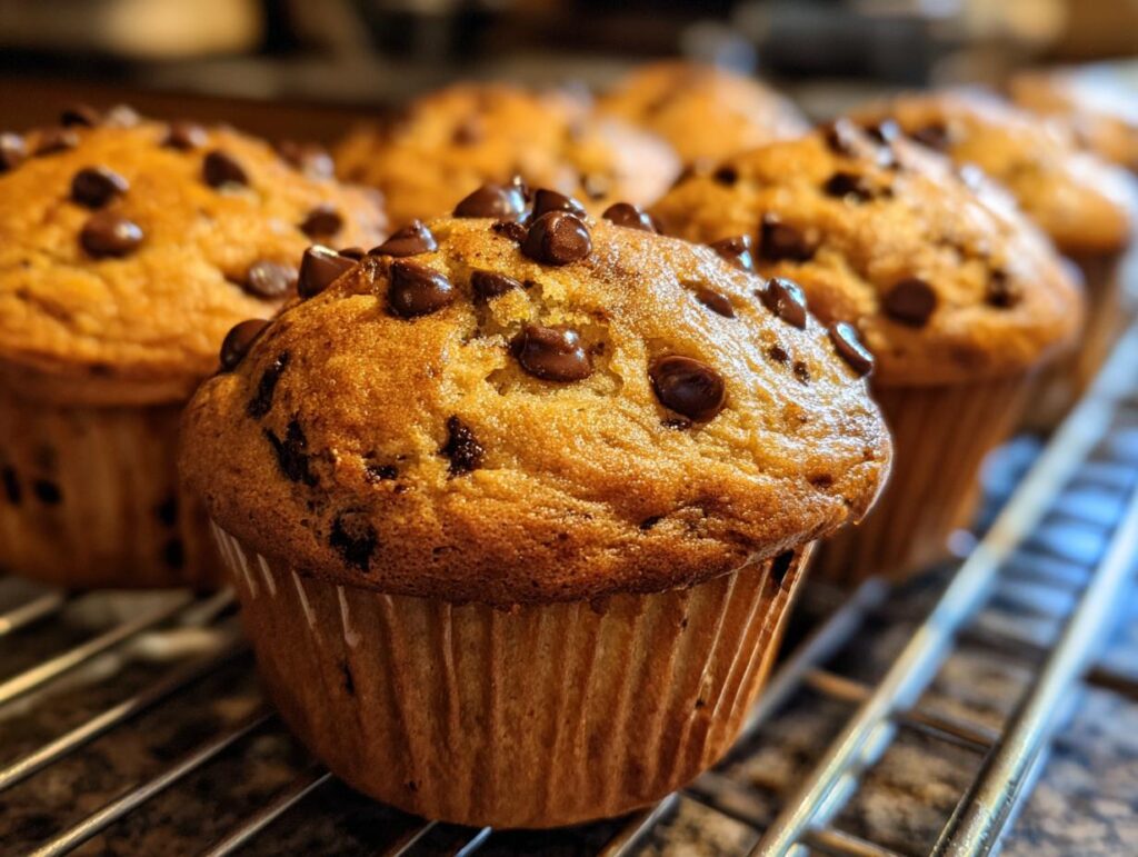 Close-up of bakery-style chocolate chip muffins cooling on a wire rack, showcasing their golden-brown tops.