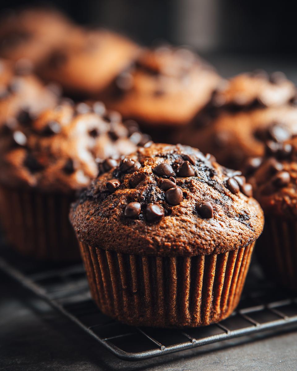 Close-up of several bakery-style chocolate chip muffins cooling on a wire rack. Delicious homemade treat.