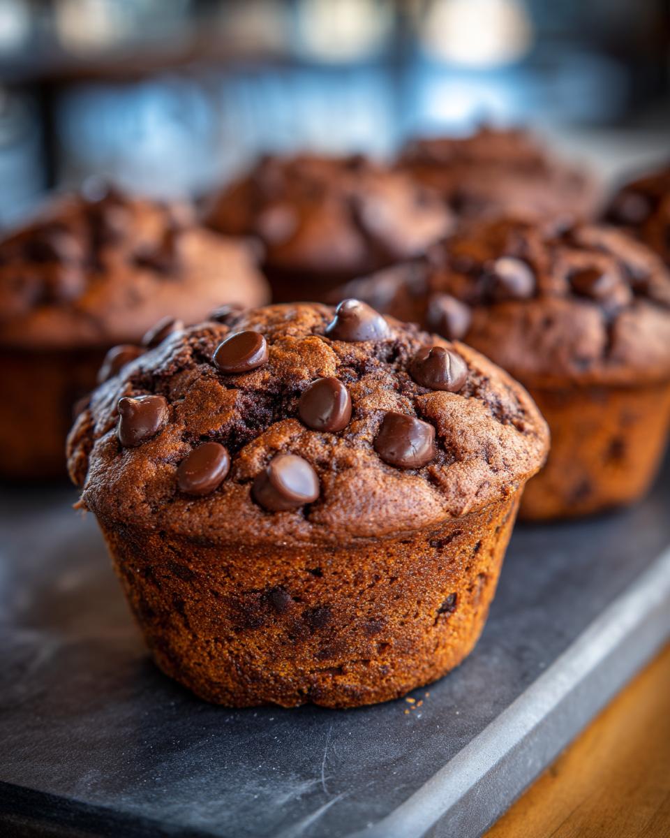 Close-up of bakery-style chocolate chip muffins, showcasing their rich color and chocolate chips.