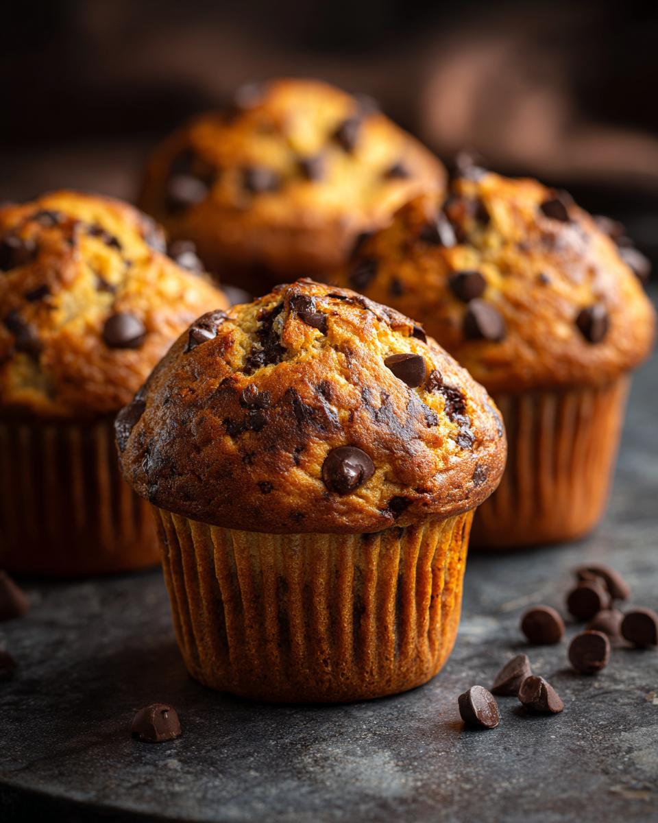 Four bakery-style chocolate chip muffins with dark chocolate chips on a dark surface.