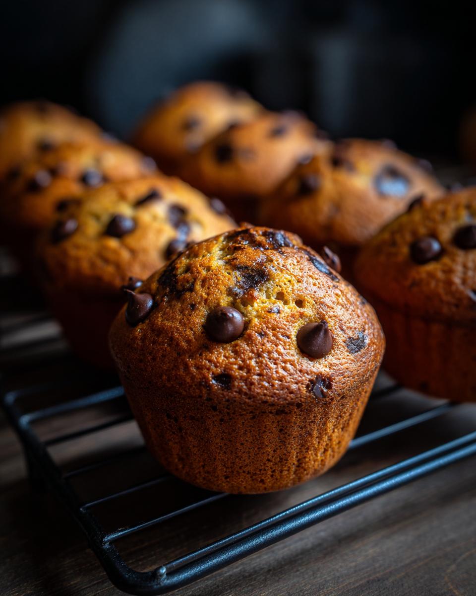 Close-up of several Bakery-Style Chocolate Chip Muffins cooling on a black wire rack.