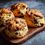 Four bakery-style chocolate chip scones arranged on a rustic wooden board, ready to eat.