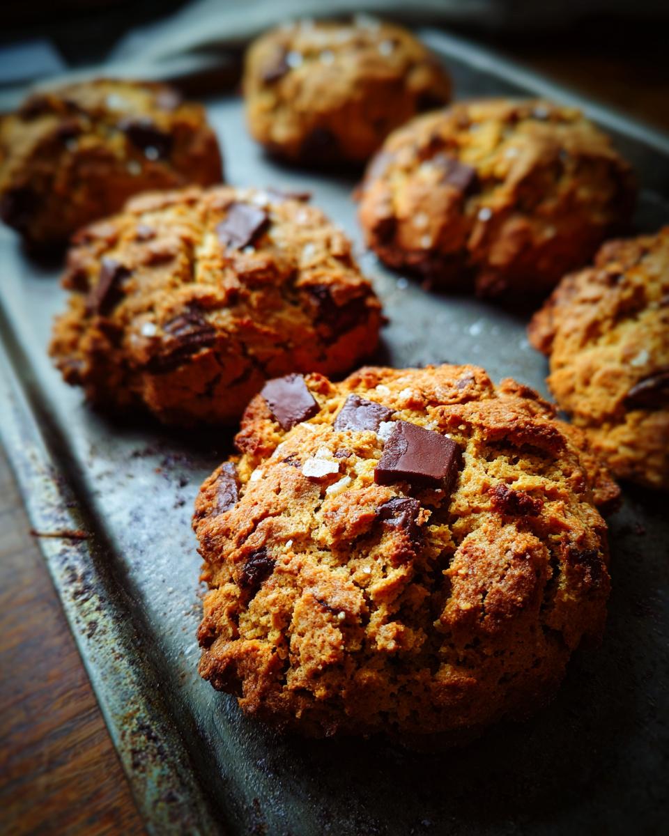 Freshly baked Bakery-Style Chocolate Chip Scones cooling on a baking sheet, topped with chocolate chunks and sea salt.