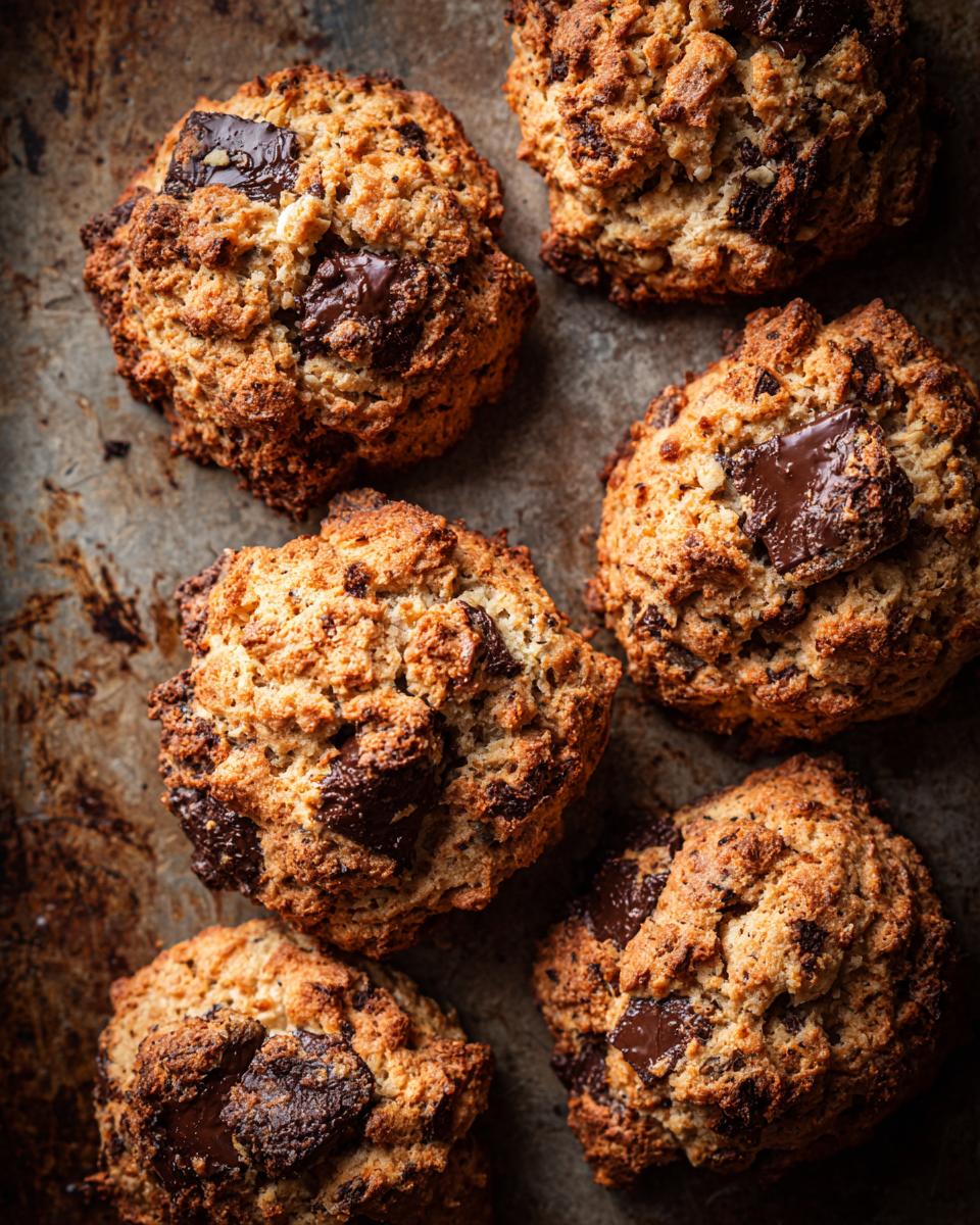 Overhead view of freshly baked Bakery-Style Chocolate Chip Scones on a dark baking sheet.