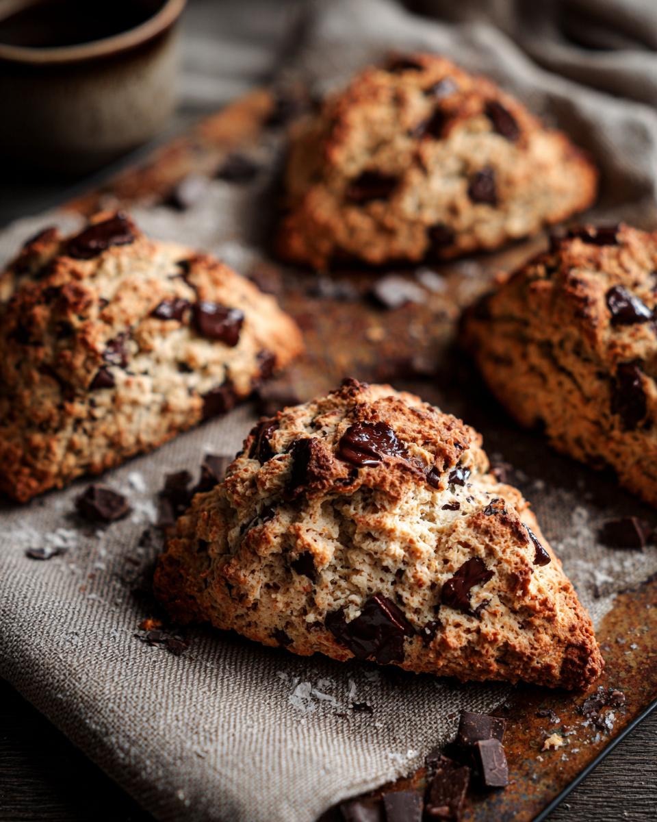 Four bakery-style chocolate chip scones on a rustic baking tray, sprinkled with chocolate chunks.