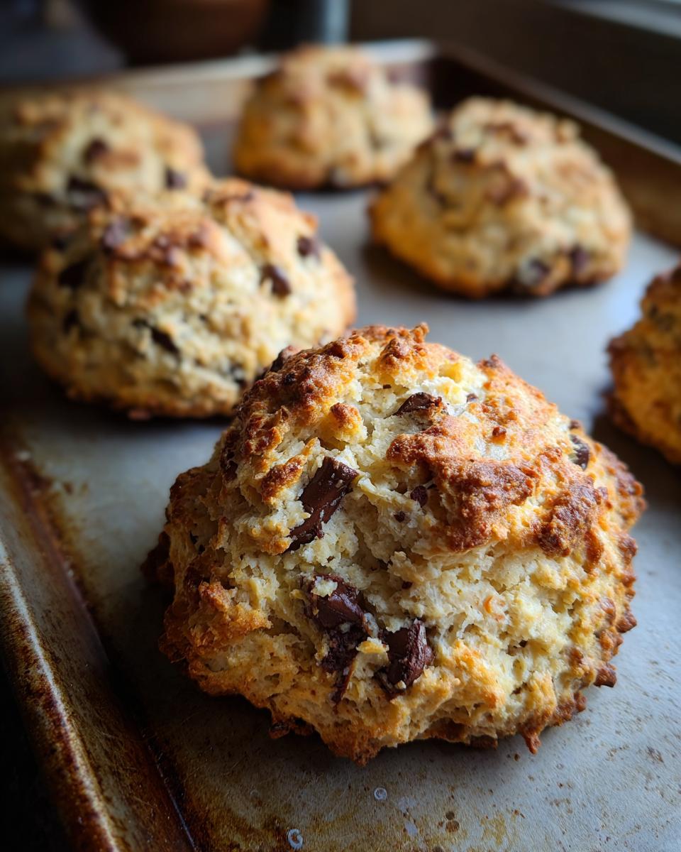 Close-up of freshly baked Bakery-Style Chocolate Chip Scones on a baking sheet, golden brown and studded with chocolate.