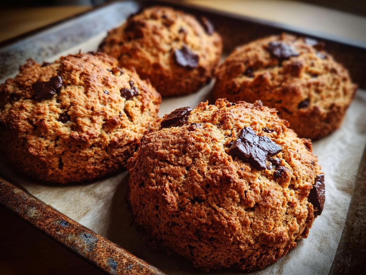 Four bakery-style chocolate chip scones on a baking sheet, ready to be served.