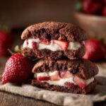 A stack of two Bakery-Style Stuffed Strawberry Cheesecake Cookies with fresh strawberries.