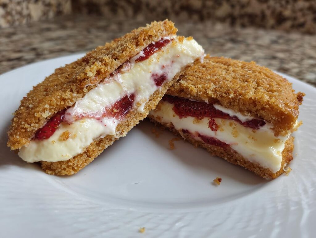 A halved Bakery-Style Stuffed Strawberry Cheesecake Cookie on a white plate, showcasing the strawberry and cream cheese filling.