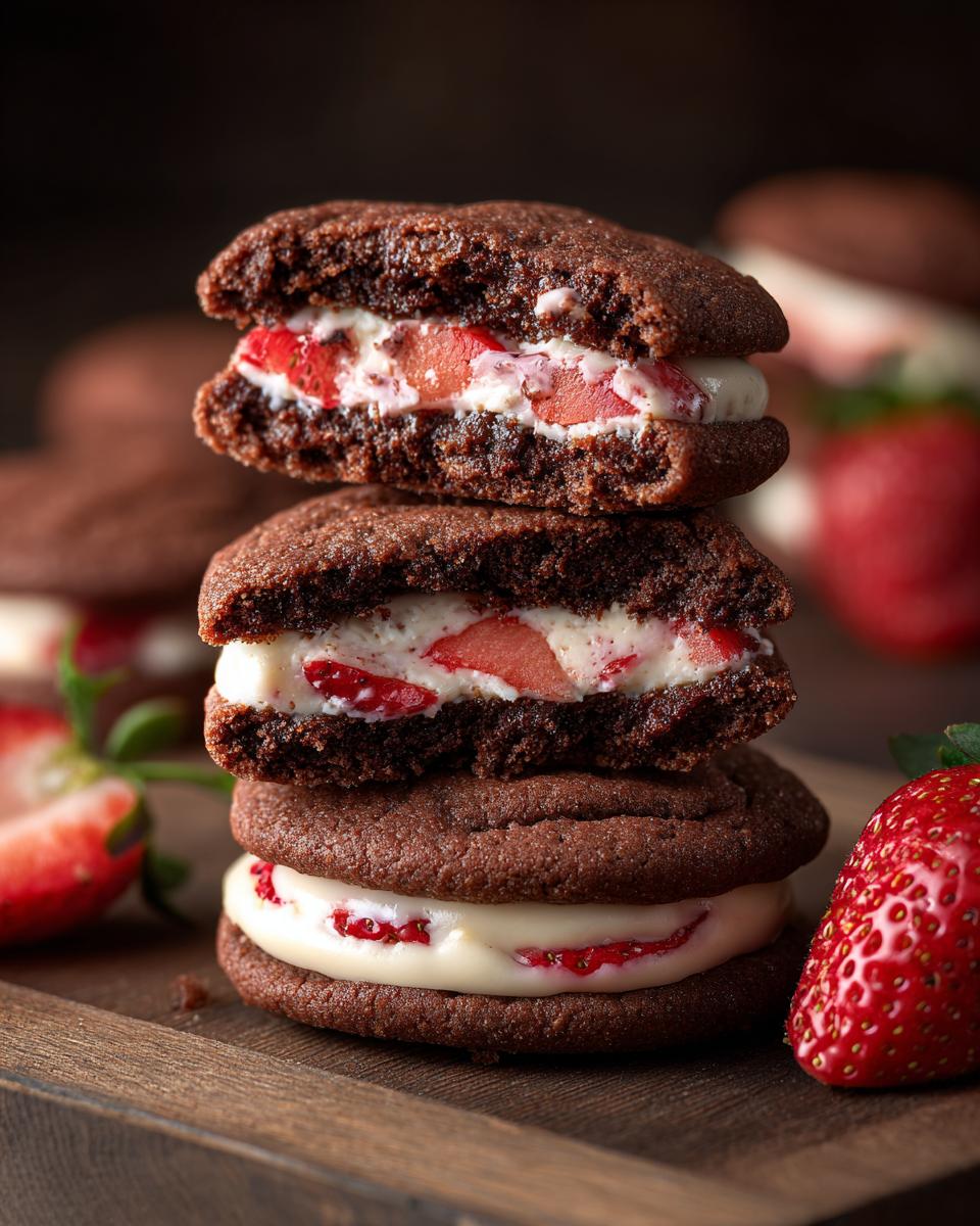 A stack of Bakery-Style Stuffed Strawberry Cheesecake Cookies, showcasing the strawberry cheesecake filling.