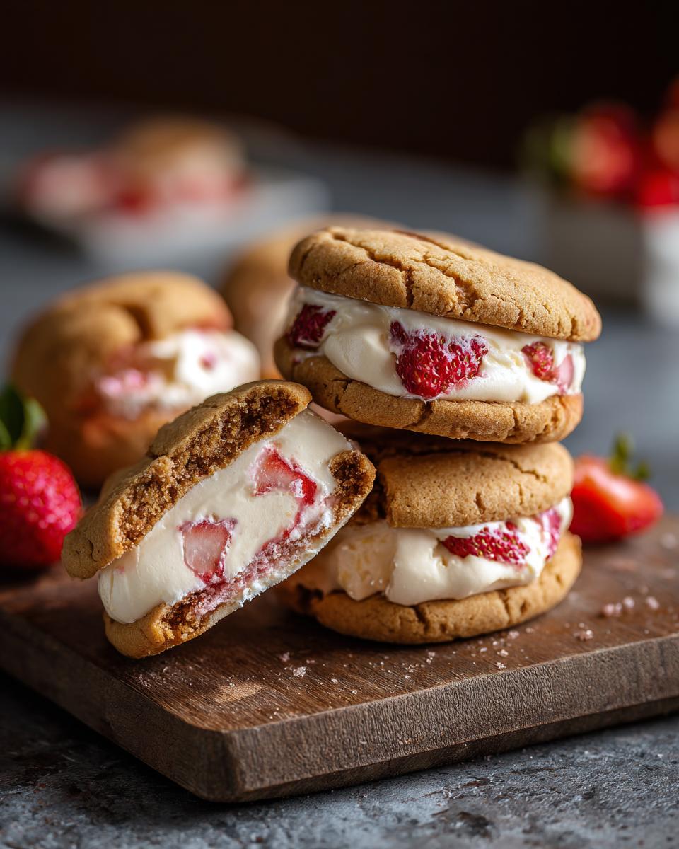 A stack of Bakery-Style Stuffed Strawberry Cheesecake Cookies, one cut in half, showing the creamy strawberry filling.