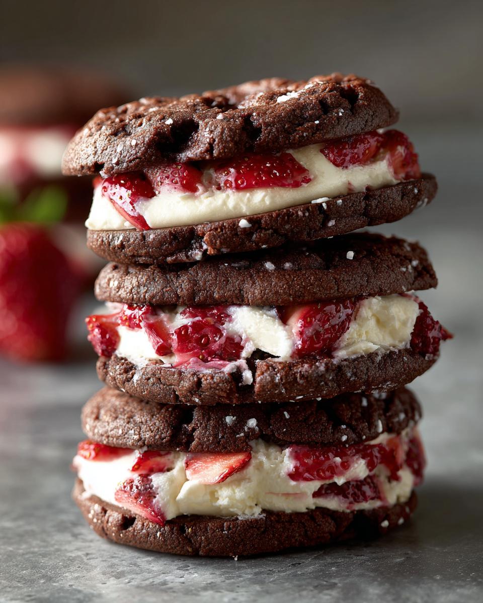 A stack of three Bakery-Style Stuffed Strawberry Cheesecake Cookies, featuring chocolate cookies, cheesecake filling, and fresh strawberries.