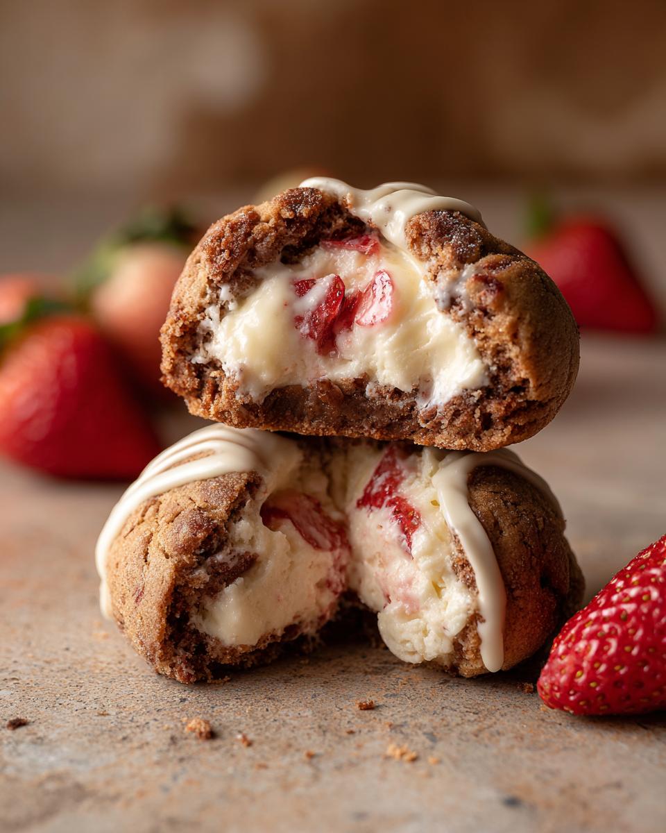 Two Bakery-Style Stuffed Strawberry Cheesecake Cookies stacked, split open to show the creamy filling.