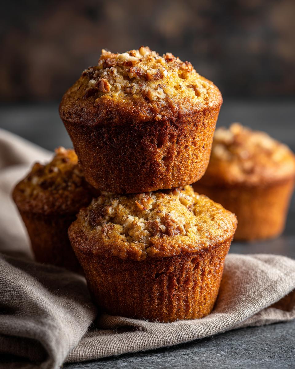 Stack of moist banana nut muffins, showcasing the secret to bakery-style texture and nutty topping.