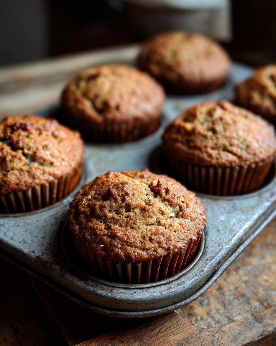 Freshly baked One-Bowl Ultra Moist Banana Oatmeal Muffins in a vintage muffin tin, ready to eat.