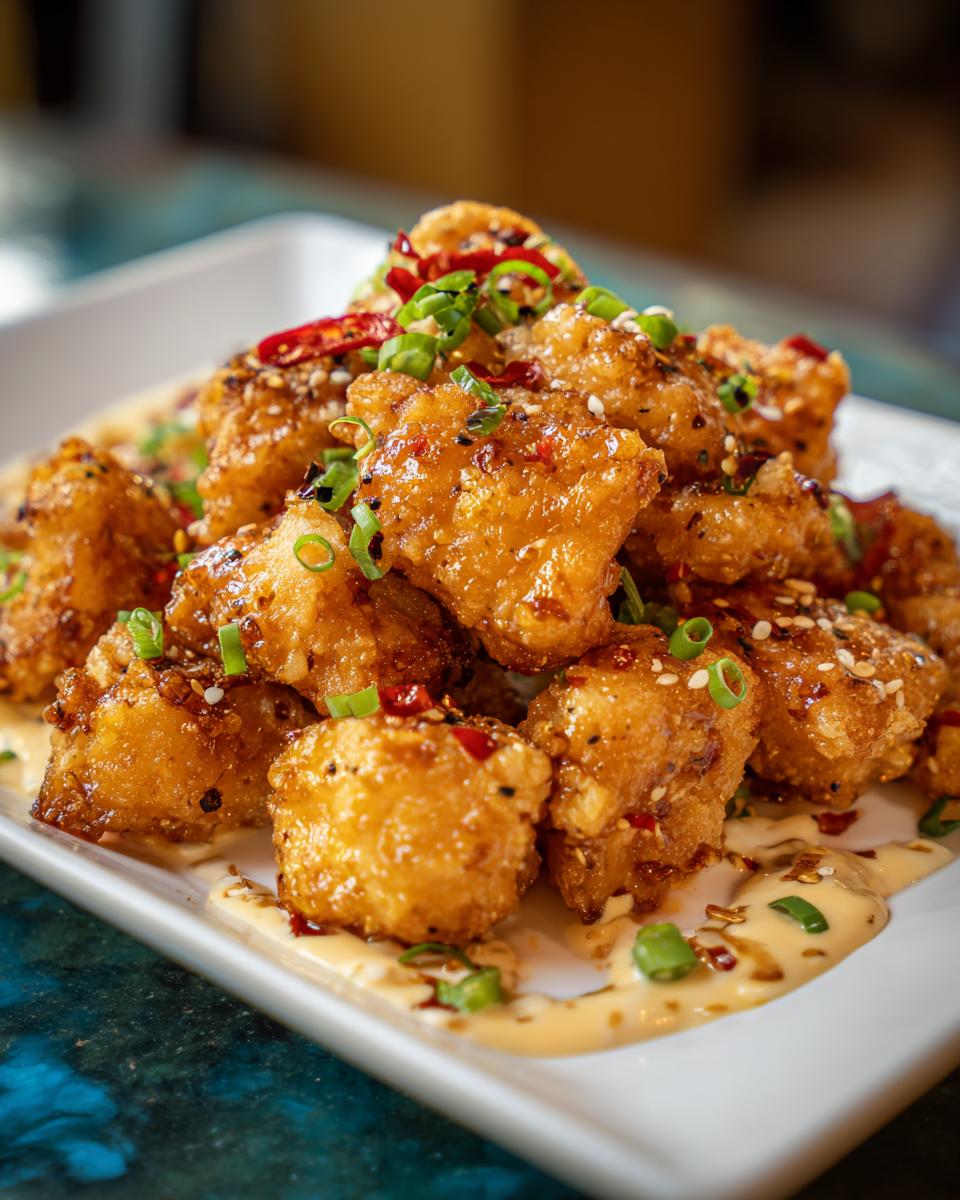 A plate of crispy Bang Bang Chicken bites, garnished with green onions, sesame seeds, and chili flakes.