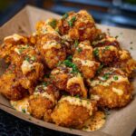 A pile of crispy Bang Bang Chicken bites drizzled with creamy sauce and garnished with fresh parsley.