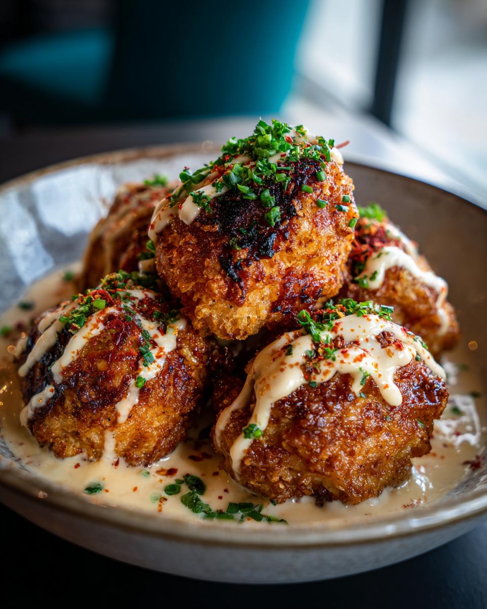 Close-up of crispy Bang Bang Chicken bites drizzled with sauce and garnished with herbs and spices.