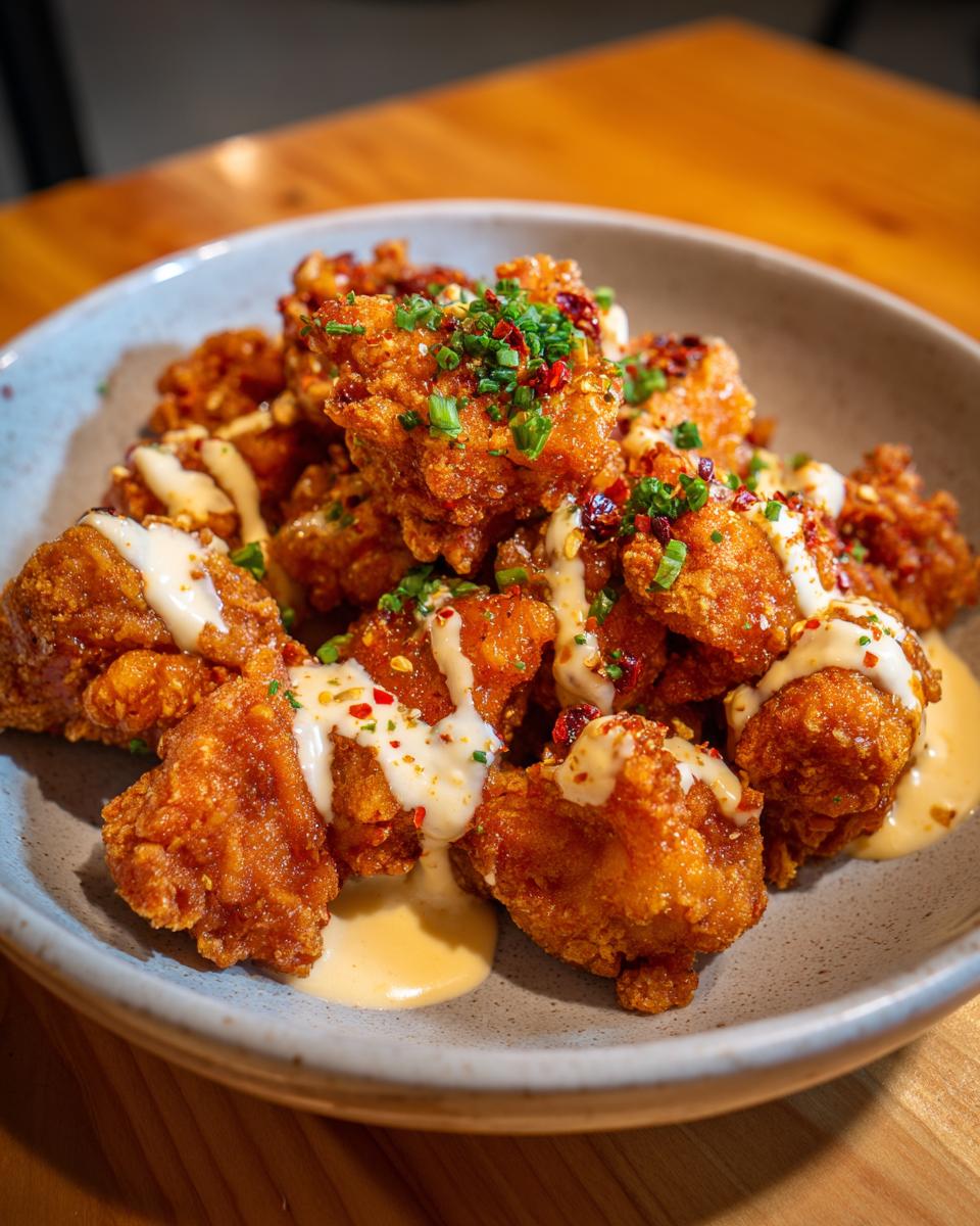 A bowl of crispy Bang Bang Chicken drizzled with sauce and garnished with herbs and spices.