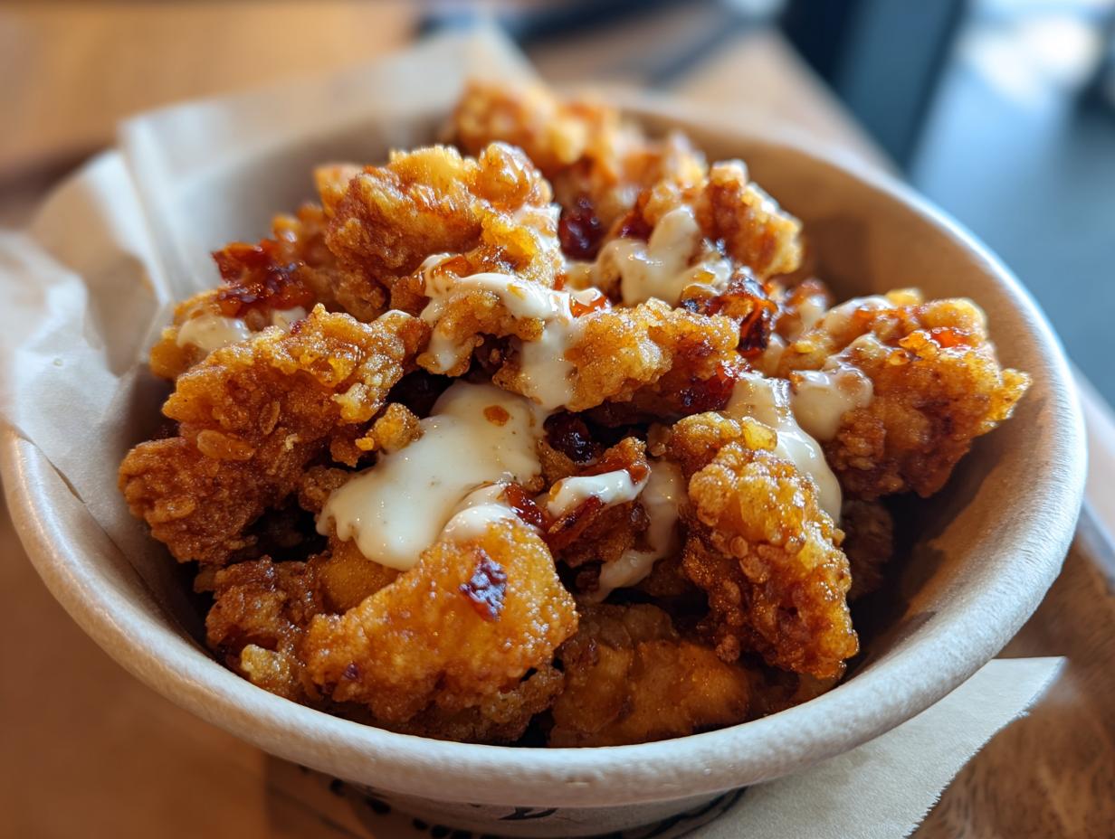 Bowl of crispy Bang Bang Chicken drizzled with creamy sauce, ready to eat.