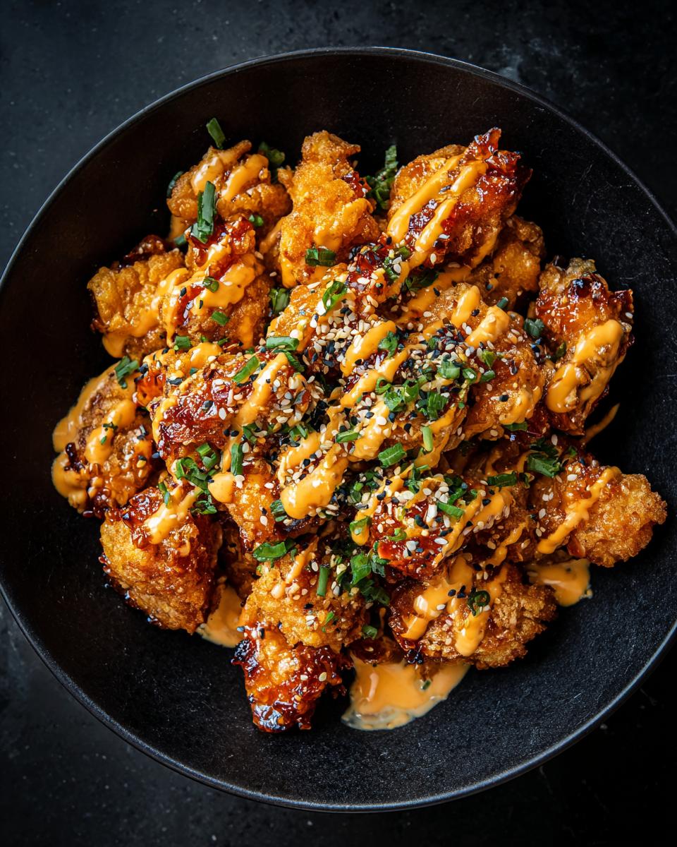 A bowl of crispy Bang Bang Chicken drizzled with sauce, sesame seeds, and chives.
