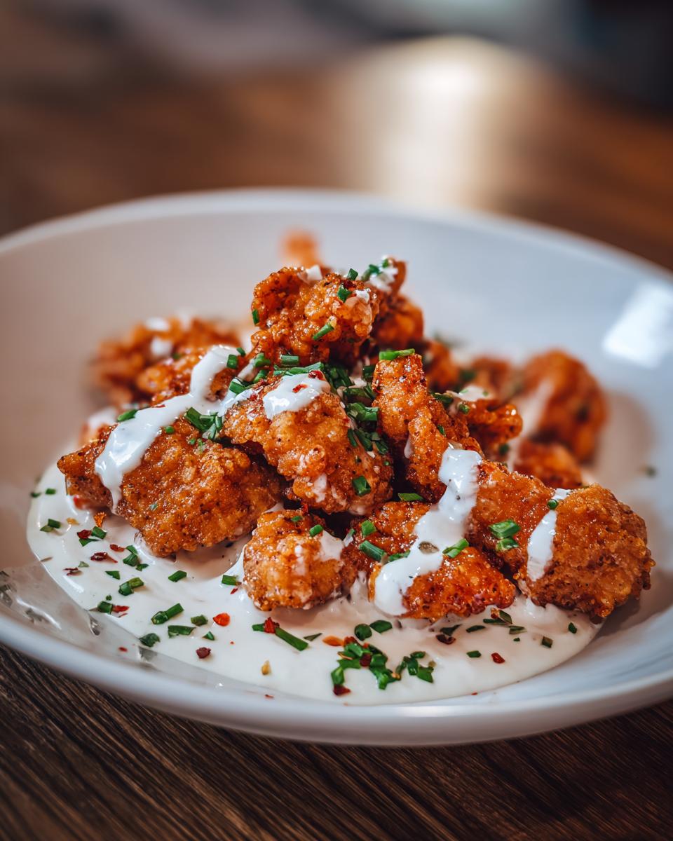 Close-up of Bang Bang Chicken pieces drizzled with sauce and garnished with chives on a white plate.