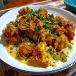 A plate of crispy Bang Bang Chicken with creamy sauce and garnished with fresh herbs.
